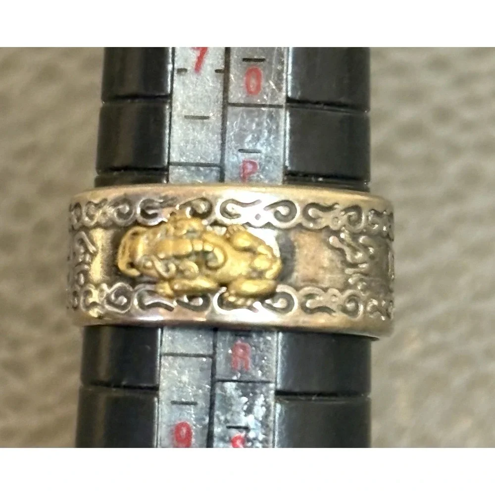 990 Silver Plated Lucky Pikiu Six Sutra Dragon Whirling Logs Boho Ring Sz 8